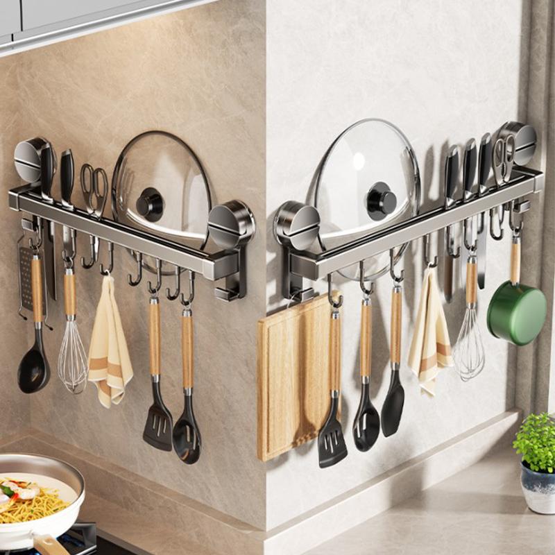 Gun Grey Suction Cup Kitchen Hook Punch-free Storage Rack Hanging Rod Pot Lid Spoon Shovel Wall Hanging Rag Shelf