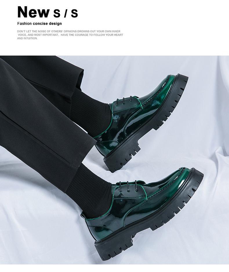 Men's Large Glossy Leather Lace-Up Loafers with Thick Sole and Chunky Heel