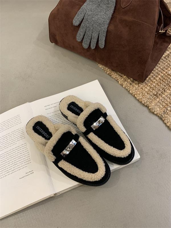 2024 Autumn/Winter Women's Fur-Lined Gold Lock Thick Heel Half Slippers