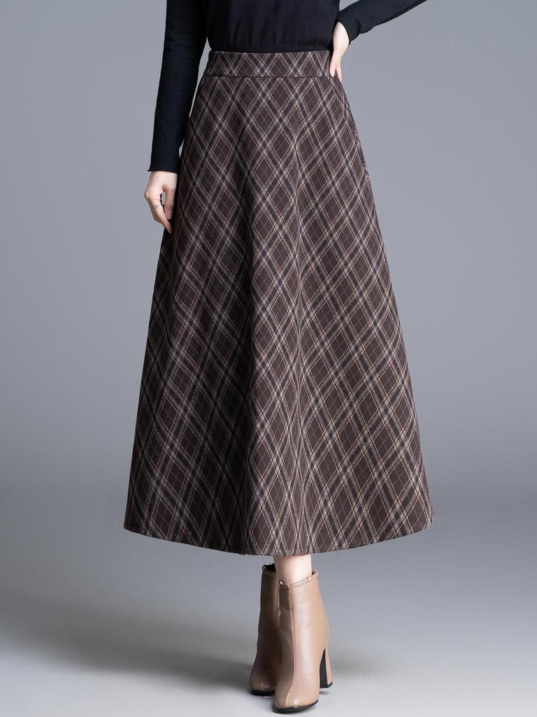 Chic High-Waisted Plaid A-Line Skirt - 2025 Autumn/Winter, Long Length, Women's Cozy Fashion