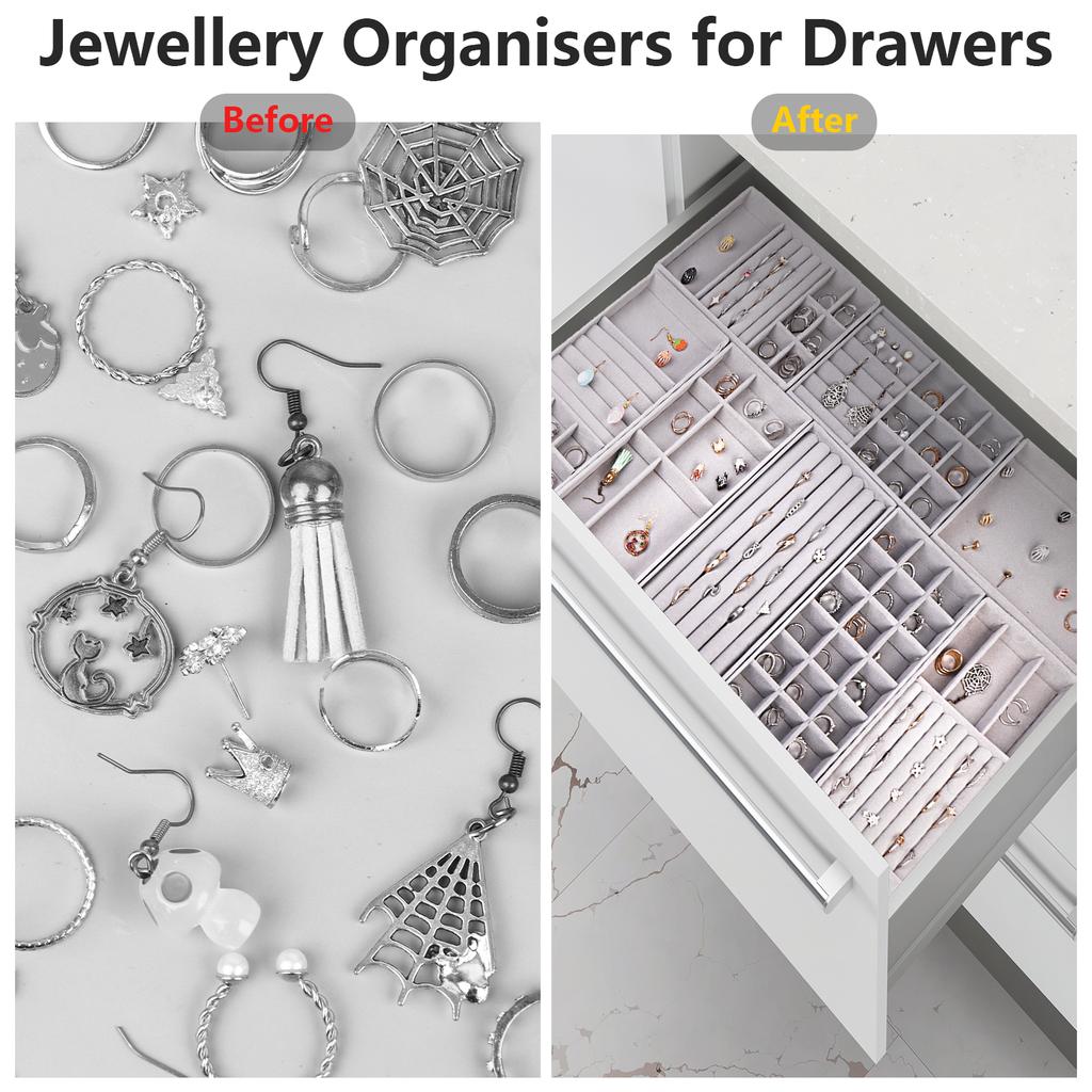 Ulele 14 Pack Jewelry Trays Organizer Velvet Stackable Jewellery Drawer Organiser Tray Insert Divided Storage Box Display Tray,R
