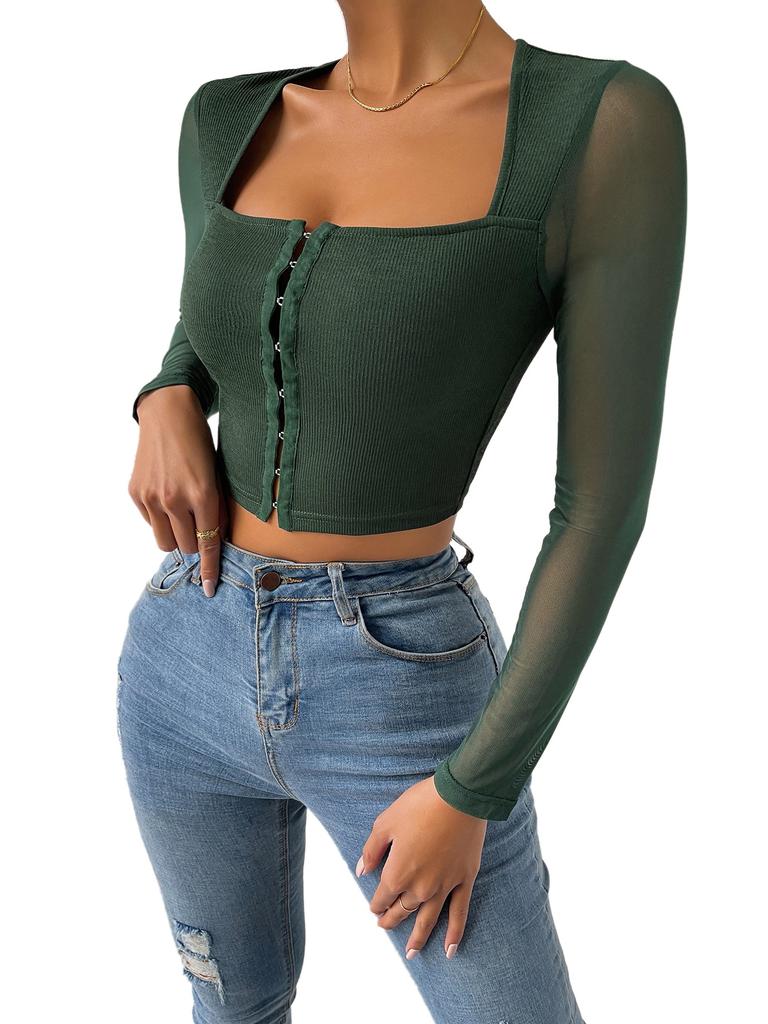 European and American slim-fit short top single-breasted lace sexy slim-fit long-sleeved bottoming shirt for women