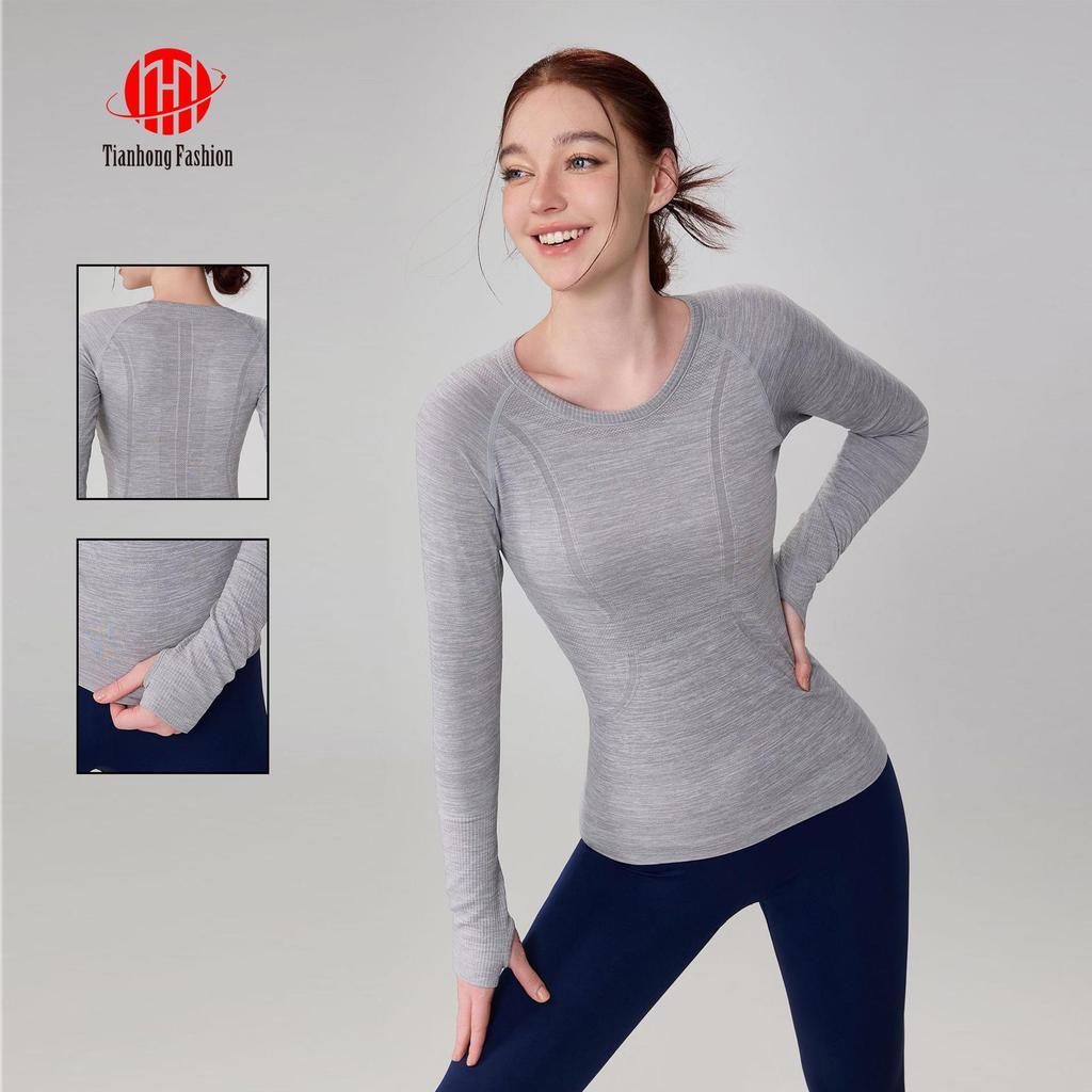 Women's Seamless Waist-Cinched Round Neck Long Sleeve Yoga Top: Breathable, High Elasticity, Shaping, Fitness Base Layer.