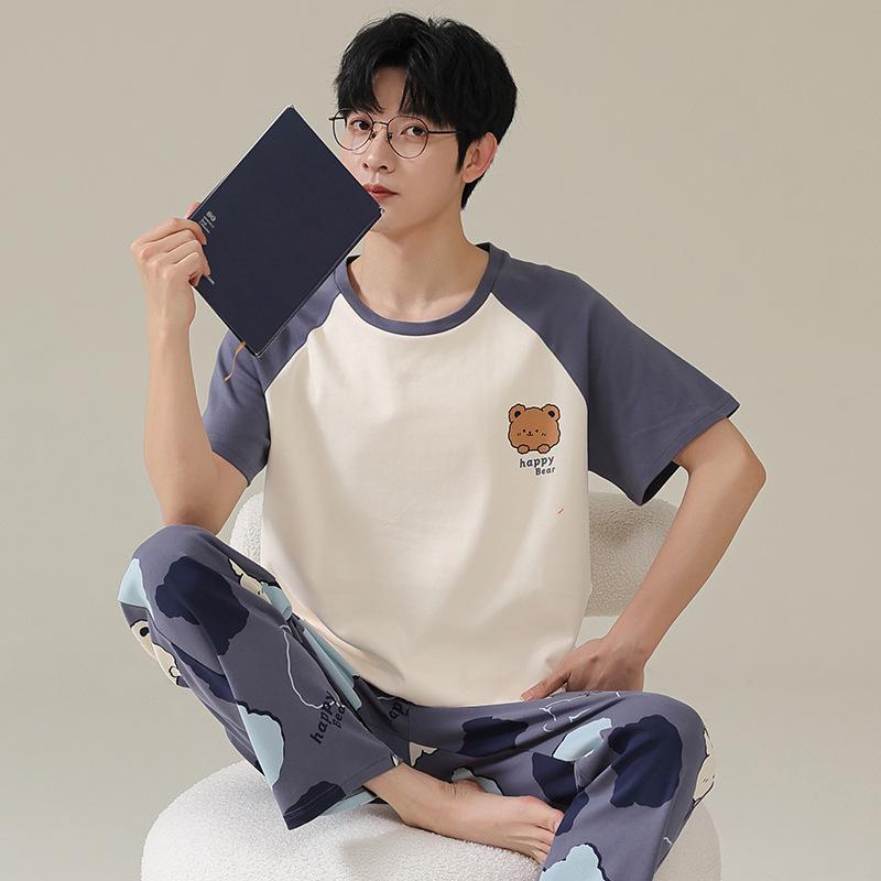 

Men s Summer Cotton Pajama Set: Short Sleeve & Long Pants, Loose Fit, Plus Size XL (65-80 kg)