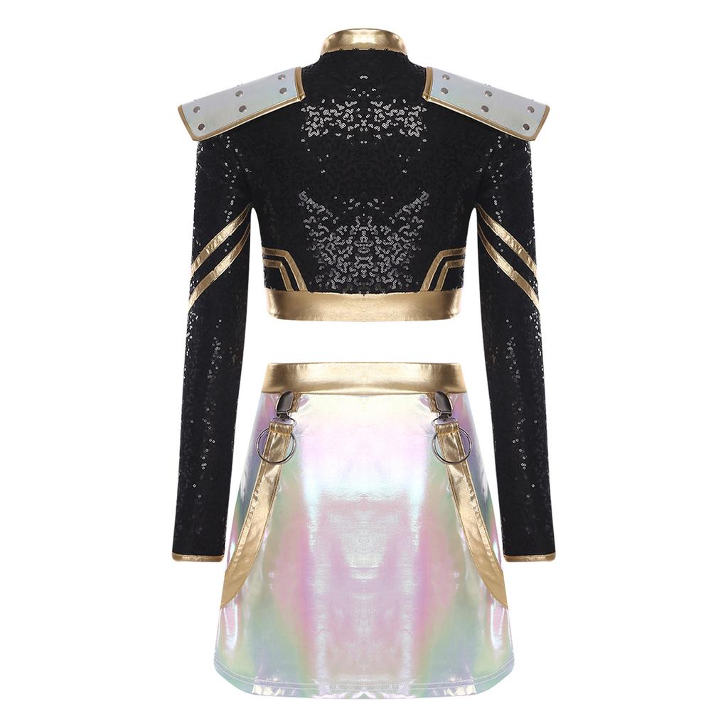 Womens Halloween Cosplay Outfit Long Sleeve Rivet Shoulder Boards Front Zip Sequined Crop Jacket Metallic Shiny Mini Skirt
