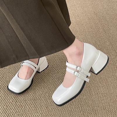 Temperamento alla moda rosso testa quadrata francese tacco spesso scarpe basse in pelle piccola da donna 2025 nuove primavera e autunno gonna Mary Jane scarpe singole