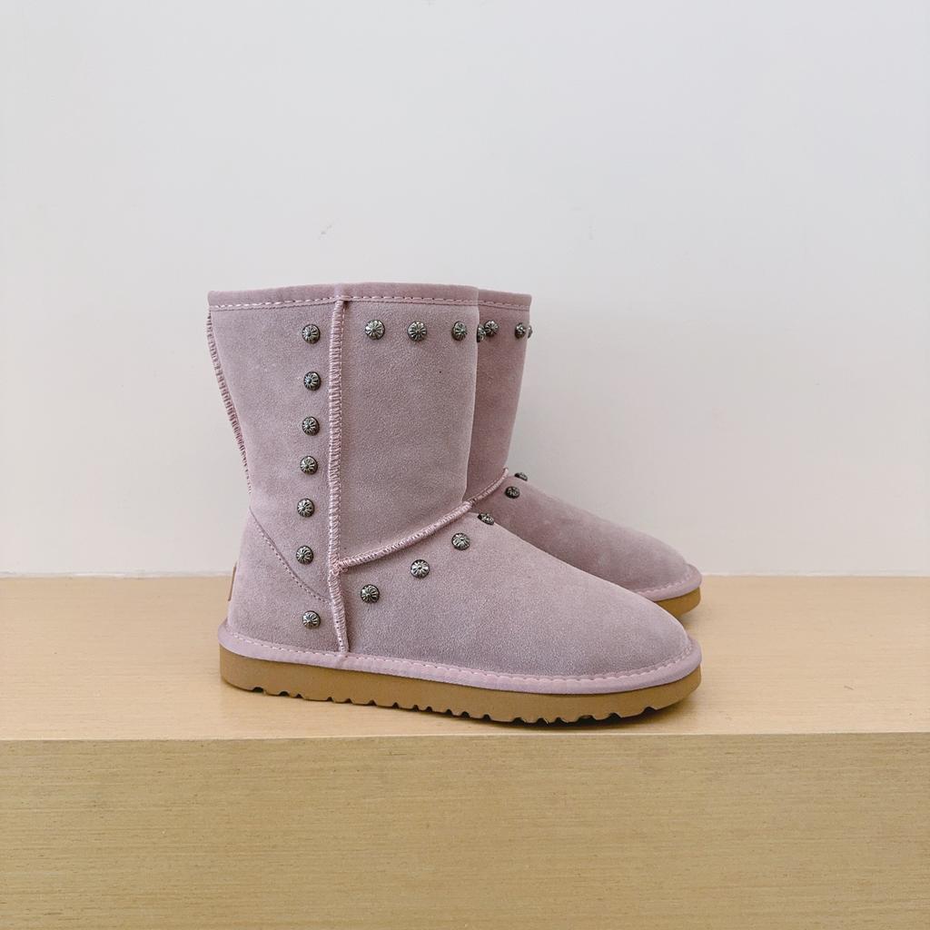 Winter Classic Women Men Mid Calf Snow Boots New Design Genuine Suede Leather Plush Fur Lined Warm Flat Sole Rivet Outdoor Shoes