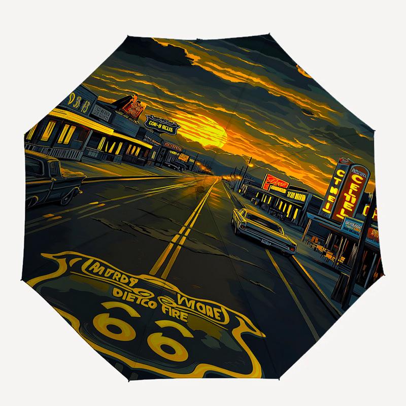 Route 66, Neon-Schilder-Thema, Automatischer Öffnungs- und Schließschirm, Helle Farbe, 8 Speichen, Tragbarer Schirm, Geeignet für Männer und Frauen, A