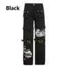Gotyckie metalowe klamry z nadrukiem dżinsy z wysokim stanem Punk kombinezony spodnie na co dzień drukuj E Girl spodnie cargo spodnie jeansowe z niskim stanem