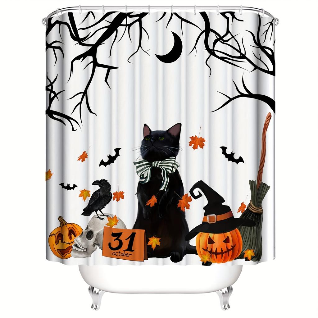 4-teiliges Duschvorhang-Set mit Halloween-Kürbis und schwarzer Katze, wasserdicht für Badezimmer, rutschfeste Badezimmerteppiche, Deckel, Toilettendeckel, Badematte