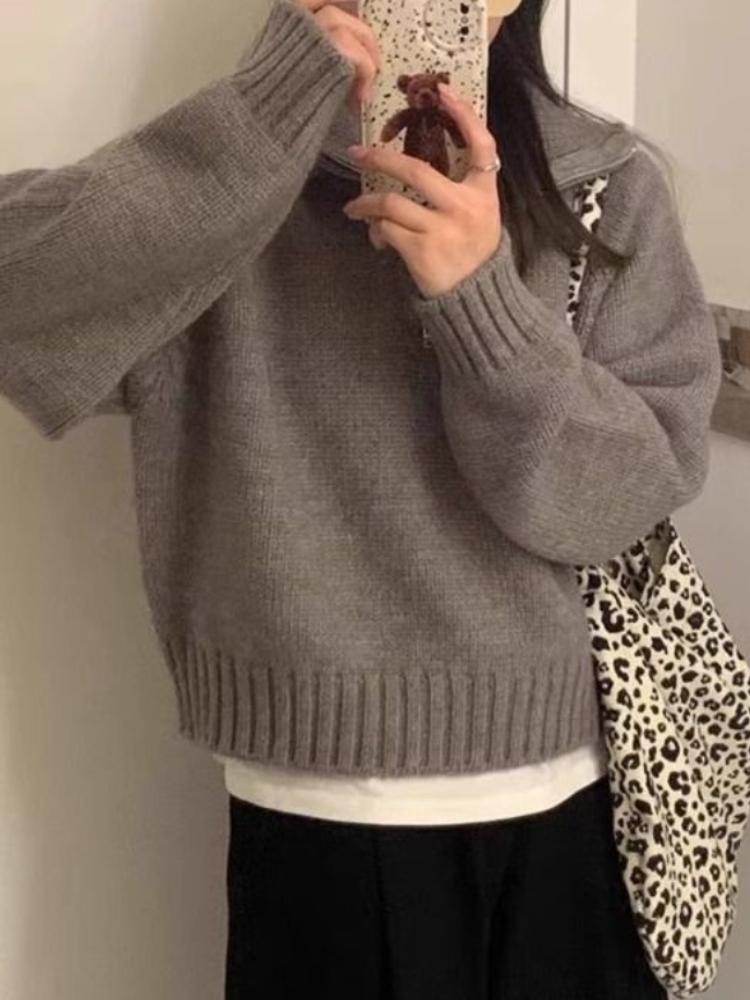 Design Sense Semi-zipper Lapel Pullover Women's Autumn and Winter New Korean Stand-up Collar Loose Temperament Sweater To Wear Outside