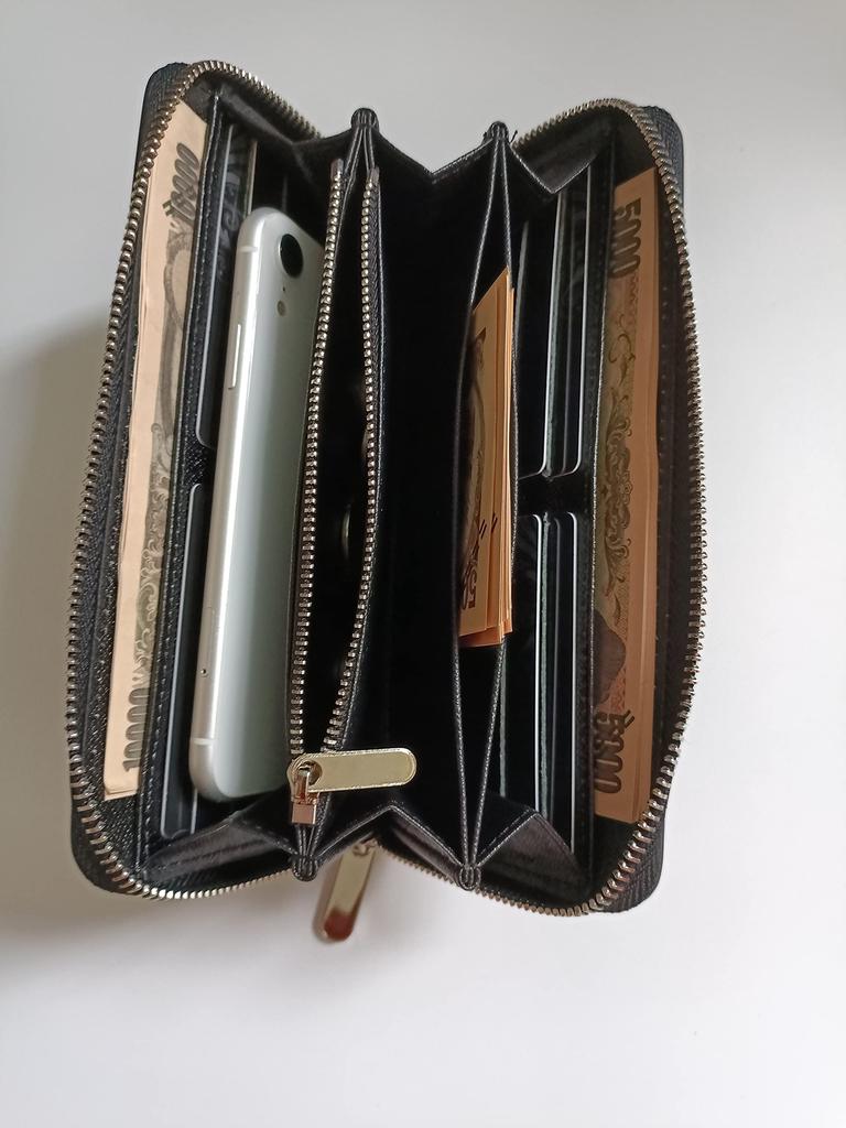 Fashionable women's leather long wallet with separate coin compartment, large capacity, and round zipper (Navy)