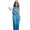 2 Pcs/Set Women Top Pants Set Flower Printing Elastic Waist Casual Sleeveless Loose Daily Wear Round Neck Plus Size Lady Vest