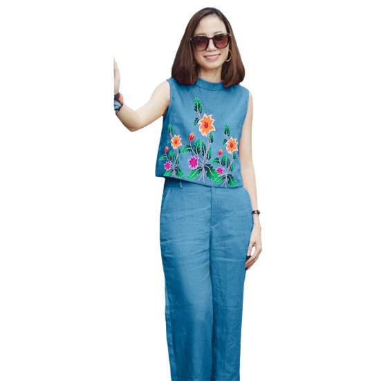 2 Pcs/Set Women Top Pants Set Flower Printing Elastic Waist Casual Sleeveless Loose Daily Wear Round Neck Plus Size Lady Vest