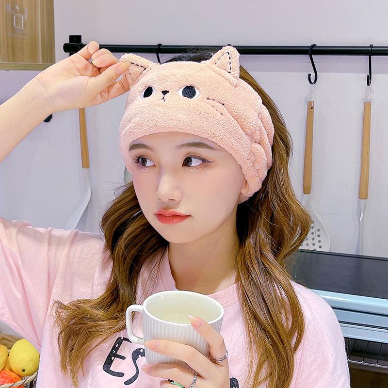 Cartoon Animal Cat Ear Hair Tie, Face Wash Headband, Girls' Makeup Remover Hair Cover, Coral Velvet Postpartum Headscarf