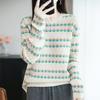 Women's 100% Wool Striped Round Neck Jacquard Knit Sweater with Long Sleeves