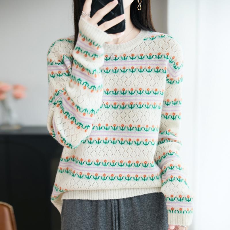 Women's 100% Wool Striped Round Neck Jacquard Knit Sweater with Long Sleeves