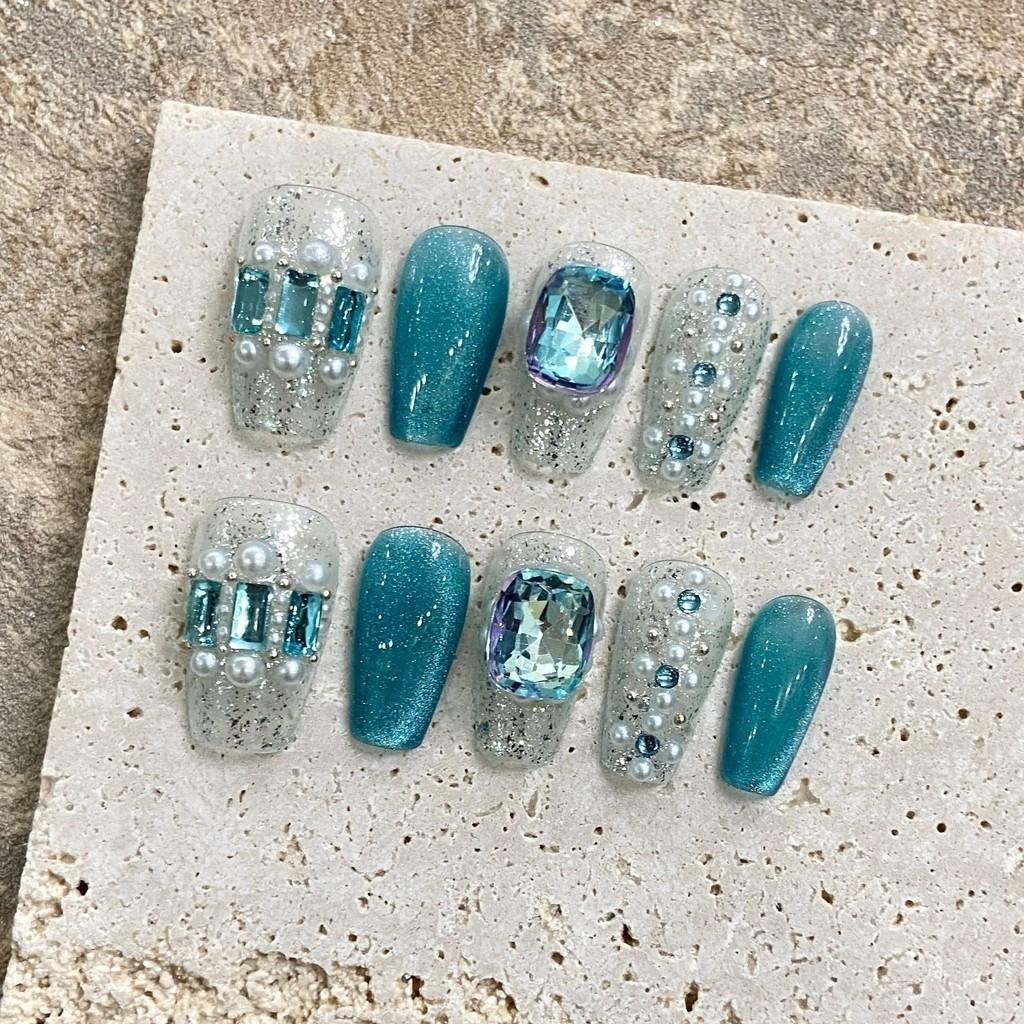 100% HANDMADE Press On Artificial Nail Medium Coffin Shape Ice Blue Ocean Sequin Cat's Eye Phototherapy Nails Fake Nails Reusable