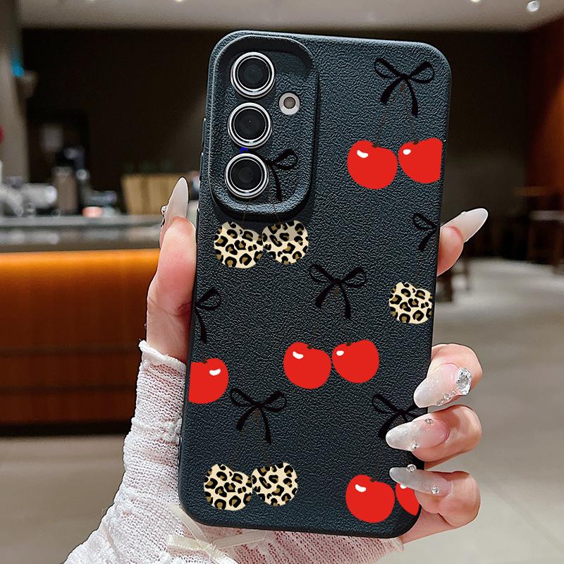 Cartoon Cherry Fruits Case For Samsung S26 Ultra S25 A18 S24 S23 S22 S21 FE A15 A16 A17 A35 A36 A37 A54 A55 A56 A57 Leather Texture Silicone Cover