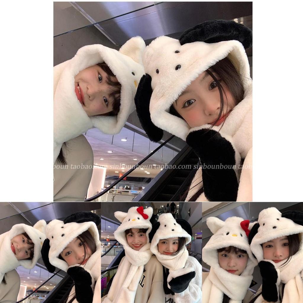 Cartoon Hooded Cute Plush Scarf And Gloves Set For Winter Warmth Protection Wind