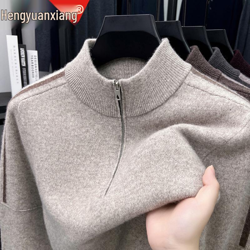 Hengyuanxiang Men's 100% Pure Wool Half-Zip Crew Neck Sweater - 2025 Autumn/Winter Warm Knitwear
