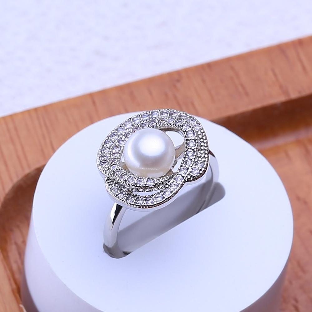 LSOOYH Anelli di perle d'acqua dolce naturali per le donne Anello di fidanzamento nuziale con zirconi cubici di moda