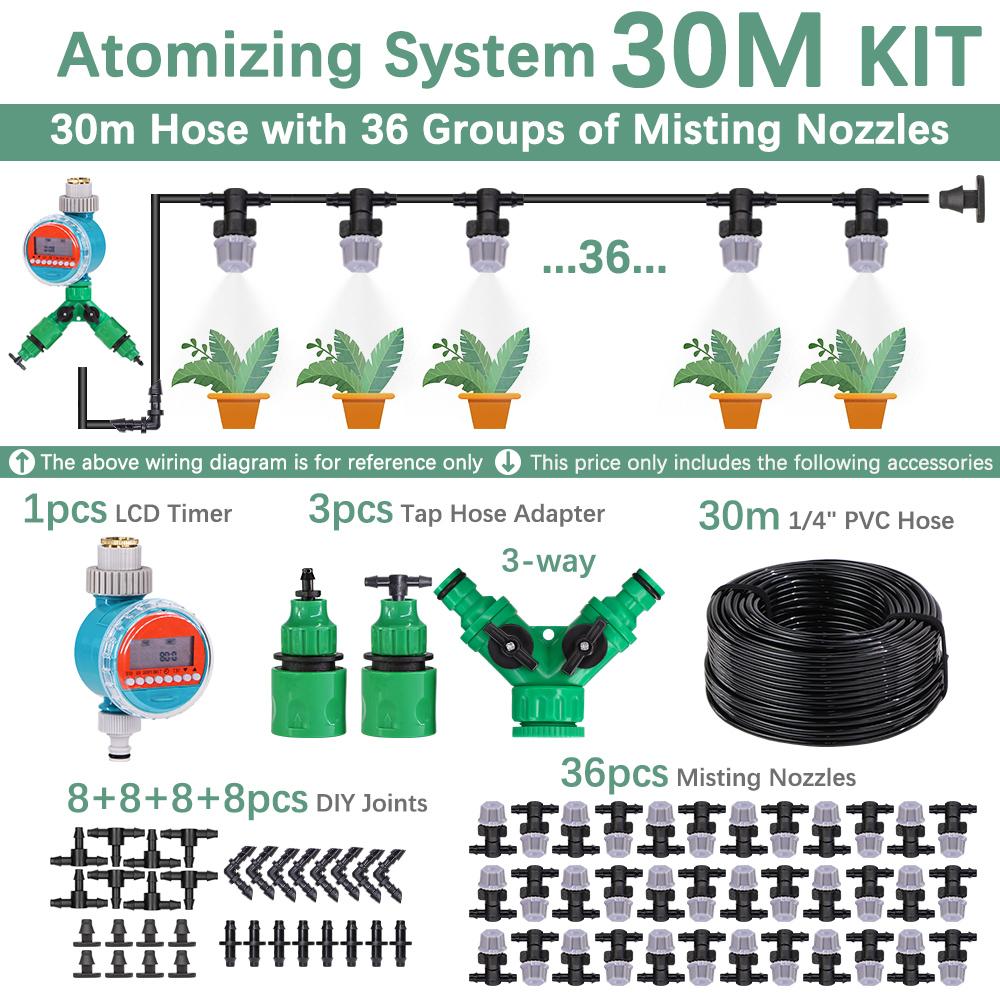 30-10m 60W Self-priming Pump Kit Misting Cooling System 1/4" 4/7mm Adjustable Nozzle Atomizer Sprayer Garden Irrigation Watering