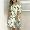 Women Plus Size White Off Shoulder Short Sleeve Floral Printed A Line Dress With Tie Cuff