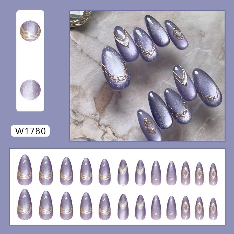 

White charm, purple cat s eye in autumn and winter, simple and removable manicure, 24 pieces of almond nail