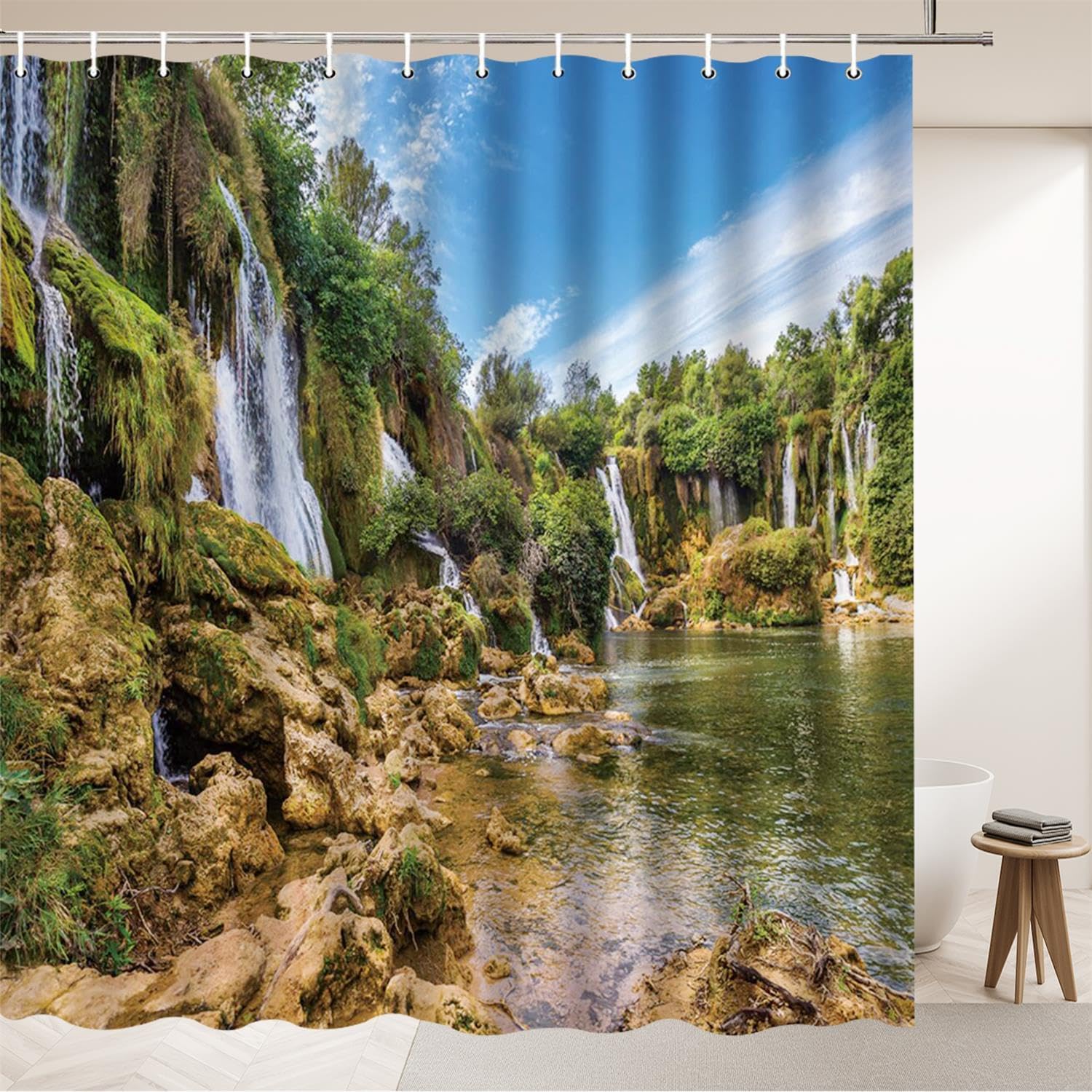 

Waterfall Landscape Shower Curtains Outdoor Nature Scenery Lakes Cliffs Green Plant Spring View Home Bathroom Decor Polyester 90x180CM
