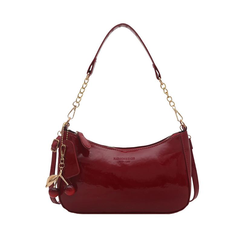 

Casual Solid Color Pu Leather Shoulder Bag Korean Vintage Simple Underarm Bag Commuter Handbag With Cherry Pendant красный