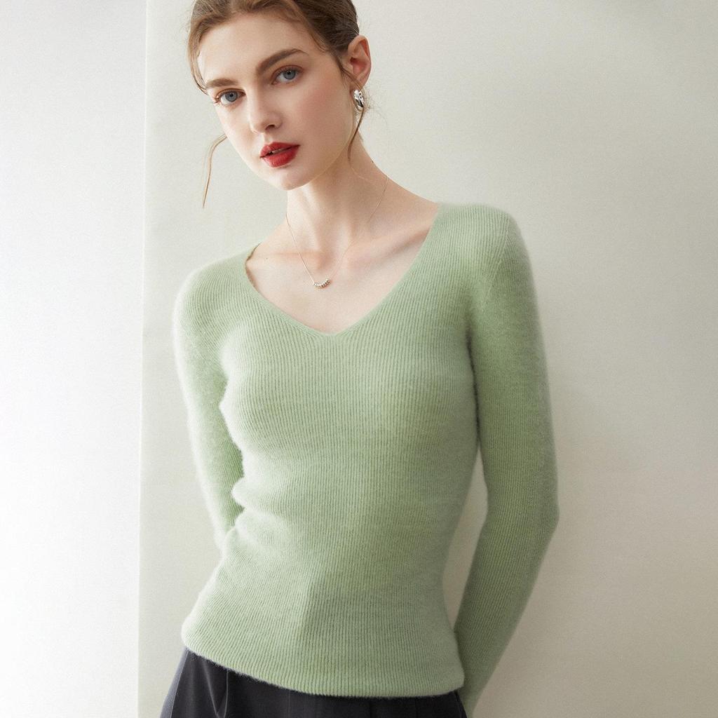 Women's Slim Fit V-Neck Crew Neck Sweater, 100% Pure Cashmere, Autumn/Winter Knit Base Layer Sweater