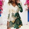 Women Plus Size V Neck Long Sleeve Blue Gold Printed A Line Dress