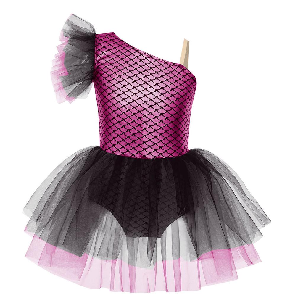 Girls Ballerina Tutu Dress One Shoulder Sleeveless Mermaid Fish Scales Print Camisole Leotard Halloween Dance Costume