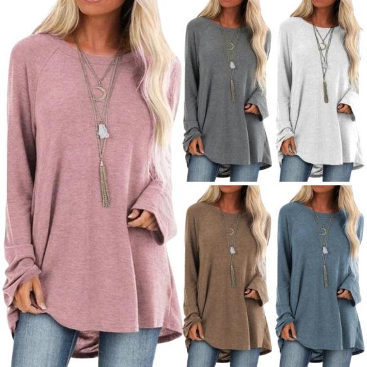 Loose Fit Long Sleeve Round Neck Tunic Top for Women Casual Solid Color Shirt with Hip Coverage Length