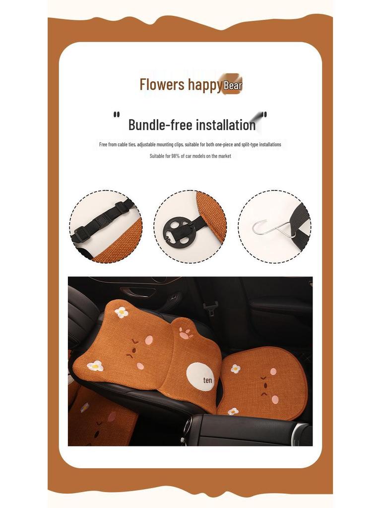 Universal Car Seat Cushion - Cute Cartoon Bear Design for Leapmotor C10/B01/B10/C11, Cotton Linen Fabric for All Seasons