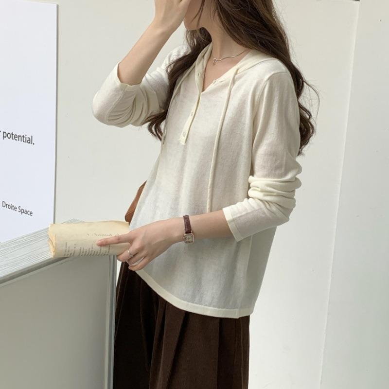 Hooded drawstring design knitted sweater women's autumn new pullover long sleeve simple wind sweater
