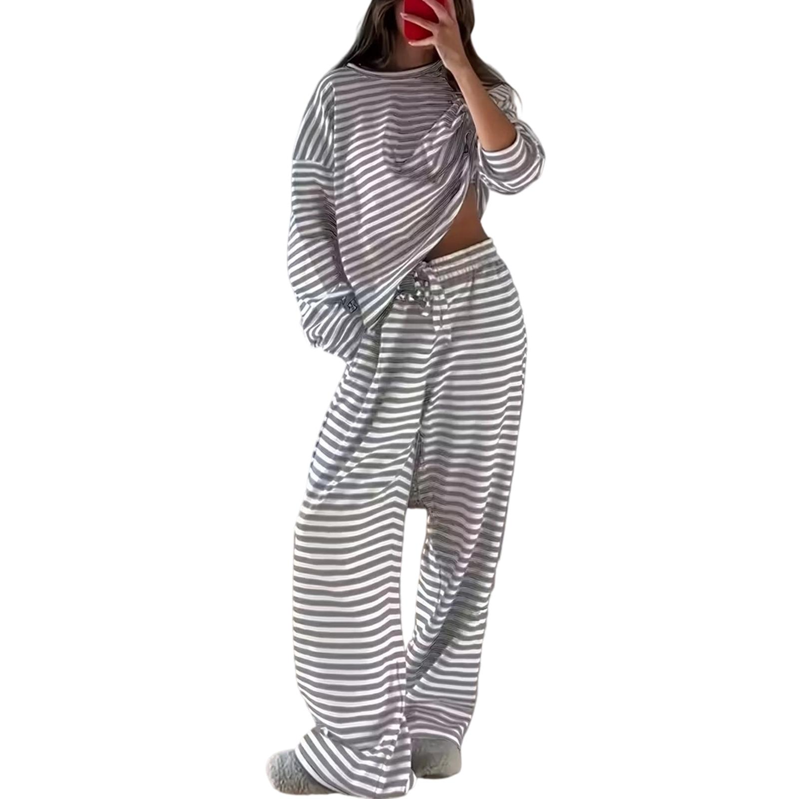 

Women s Striped Long-Sleeve Top & High-Waisted Pants Fashion Casual Set XXL
