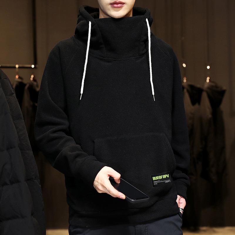 Men's Autumn and Winter Padded and Thickened High Neck Sweatshirt Solid Color Warm Hooded Loose Bottom Shirt