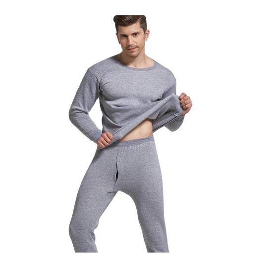 2 Pcs/Set Winter Men Thermal Underwear Set Round Neck Long Sleeve Warm Thick Pure Color Slim Fit Elastic Open Crotch Men Pajamas Set Homewear Clothing