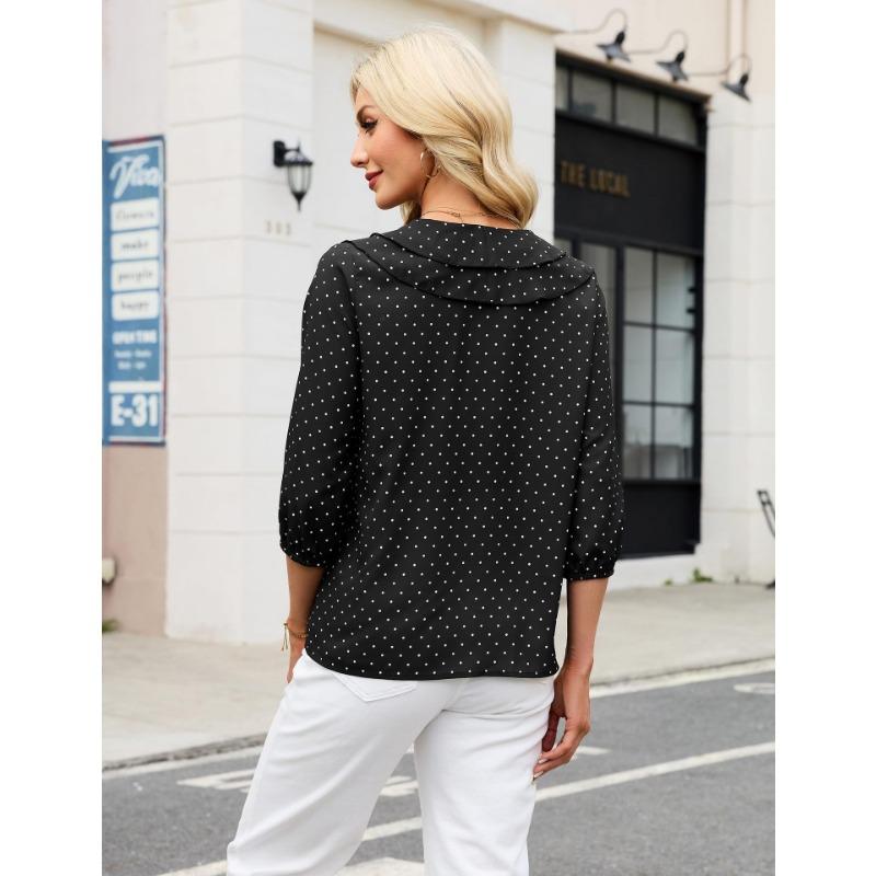 Womens Ruffled V Neck Three Quarter Sleeve Polka Dot Chiffon Blouse
