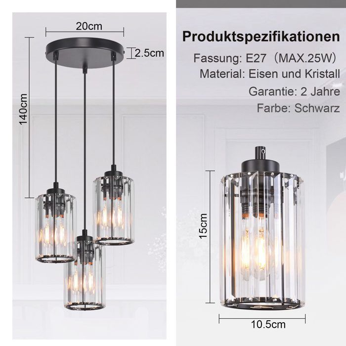 Lampe à suspension - NETTLIFE - 3 flammes - cristal noir - 3×E27 - Ø20×H140 cm