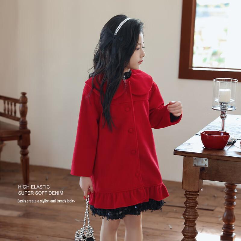 Girl's Mid-Length Red Woolen Coat