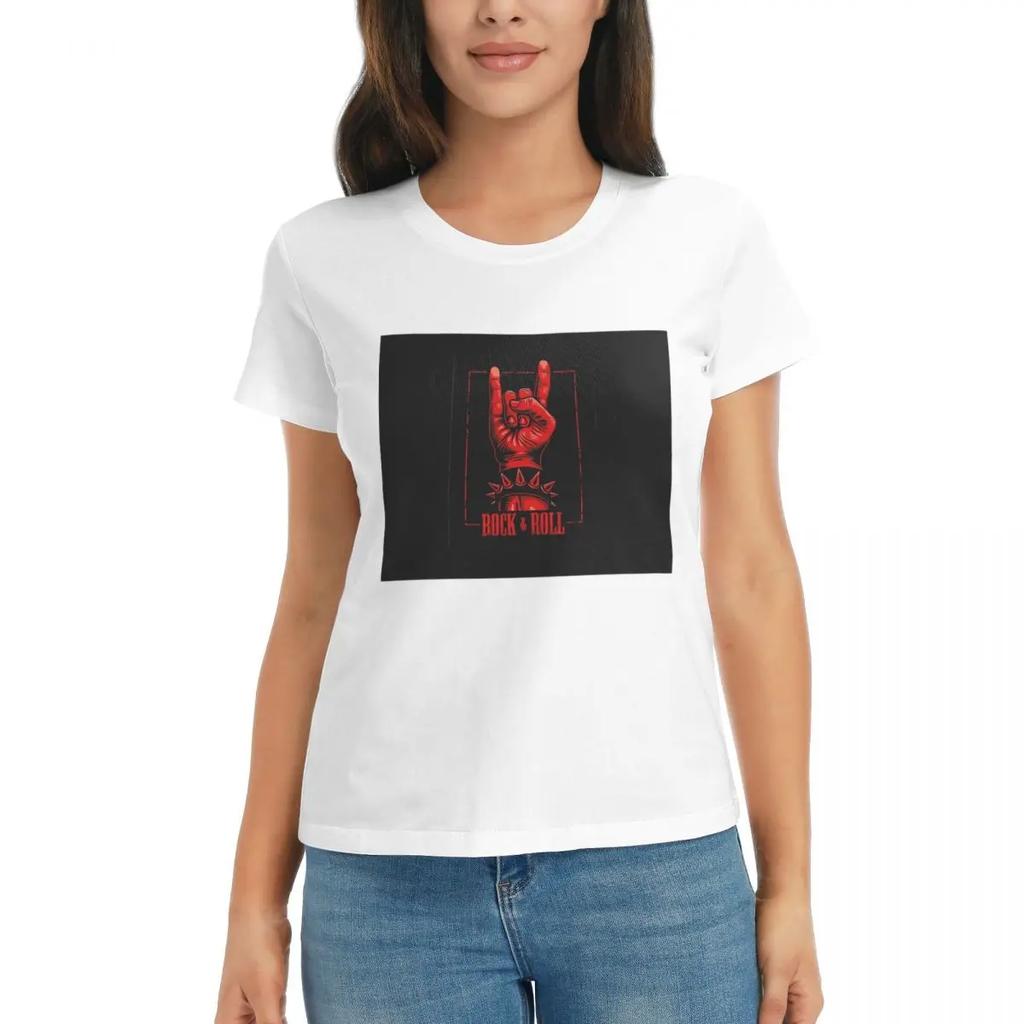 Women TShirt Rock Star Skull Rock N Roll Summer Short Sleeve Tees Crew Neck Cotton T Shirts Clothes Tops Streetwear