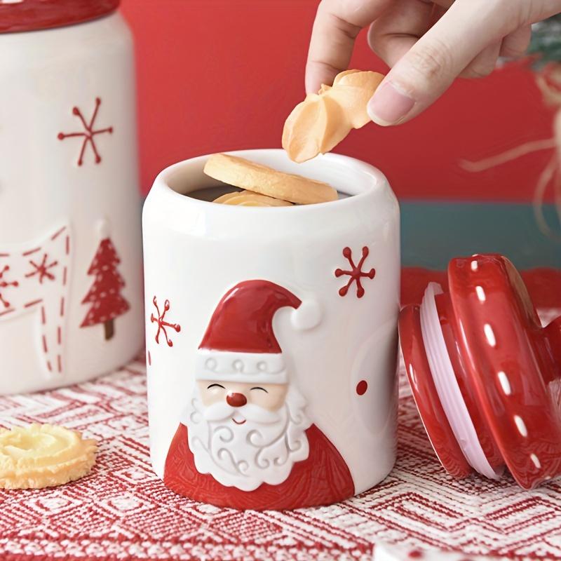 Nordic Christmas Ceramic Cookie Jar, Santa & Reindeer Design, Flip Top Lid, Holiday Gift & Snack Storage. Hand Wash Only.