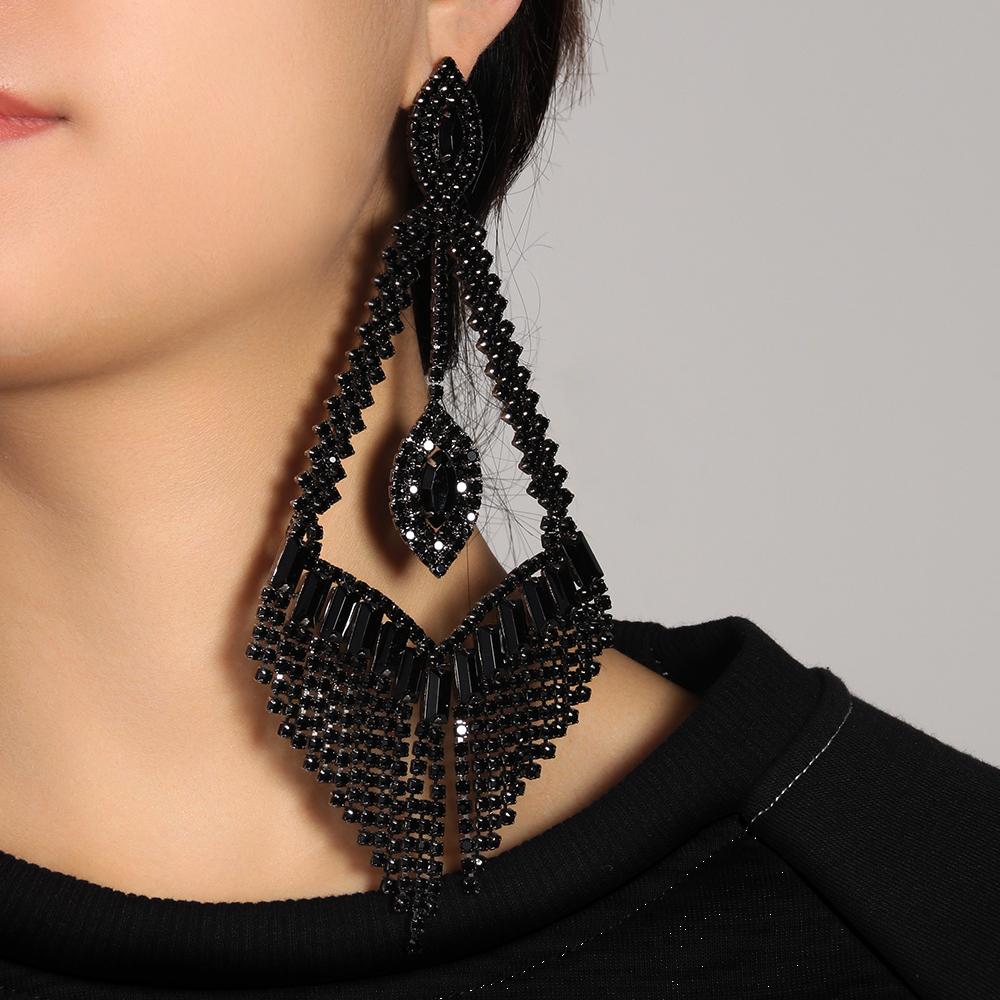 Black Large Geometric Rhinestone Dangle Earring for Women Statement Accessories Drop Crystal Tassel Earrings Party Jewelry