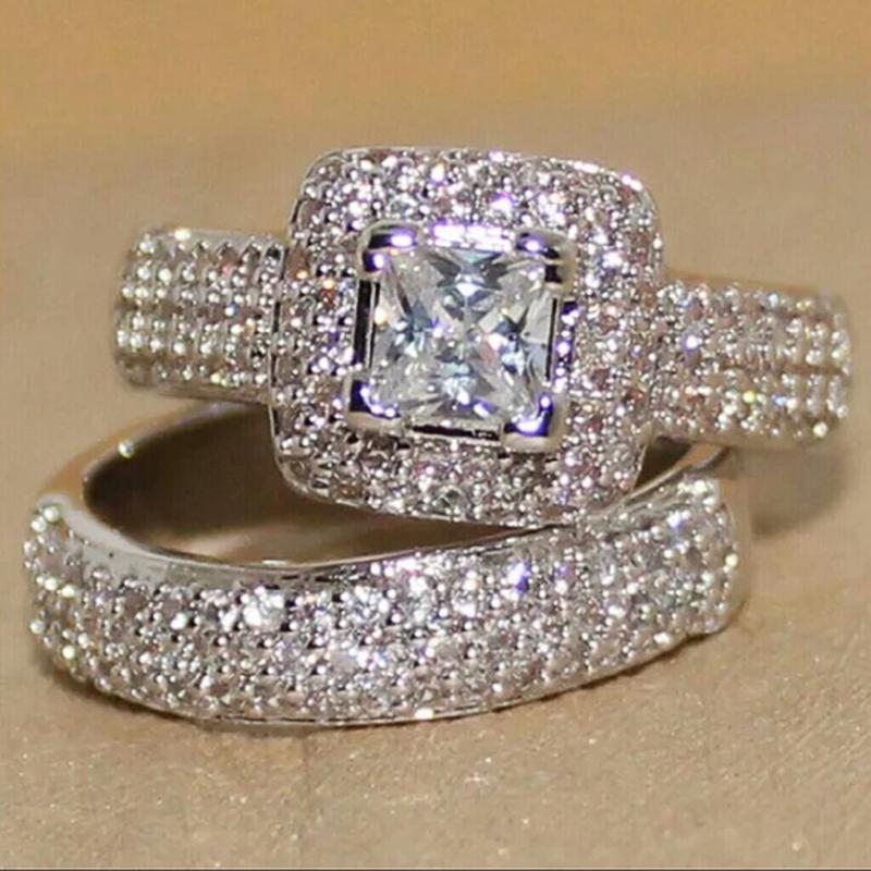 Luxury Fashion Wedding Rings for Women 2Pcs/Sets Full Shiny Tiny CZ Jewelry for Engagement High-quality Accessories Gift