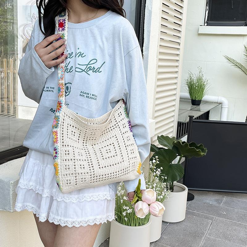 Large Capacity Fashion Cut-out Boho Tote Bag Trendy Floral Crochet Handmade Knitted Bag Vintage Multicolor Hollow Out Handbag