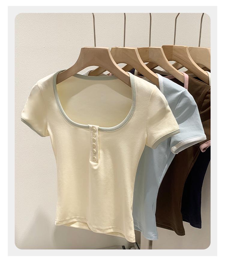 Women's Contrast Square Neck Short Sleeve Cropped T-shirt, Summer 2026 Style, Petite, Slimming, Pure Desire