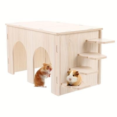 1 plataforma de alimentación para pollos, suministros para paisaje acuático, casa para hámster, casa de madera, casa pequeña, nido para dormir de madera maciza con forma de oso dorado